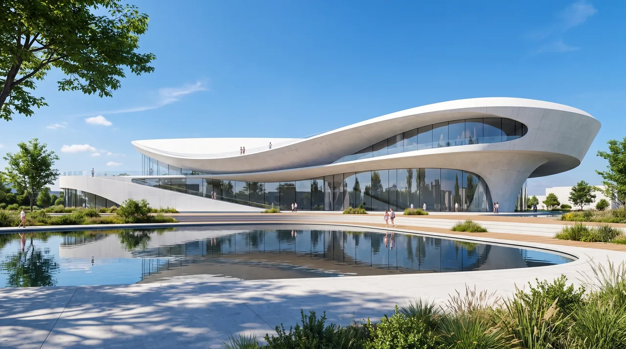 Rendu photoréaliste du bâtiment en plein jour, sous un ciel bleu